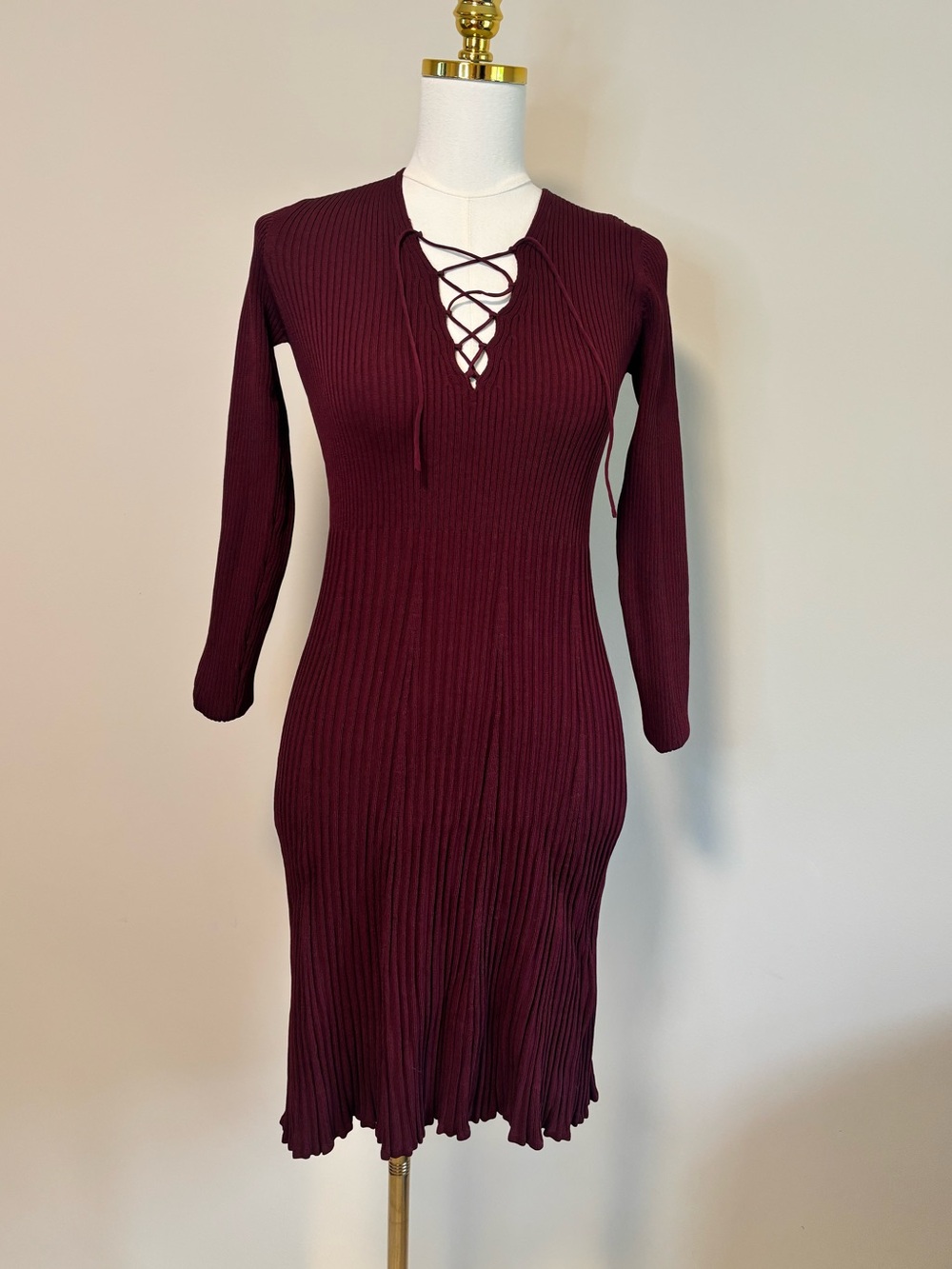 NWT Sandro Paris DAY Bordeaux Ribbed Knit Lace-Up Dress Size 3 L $295